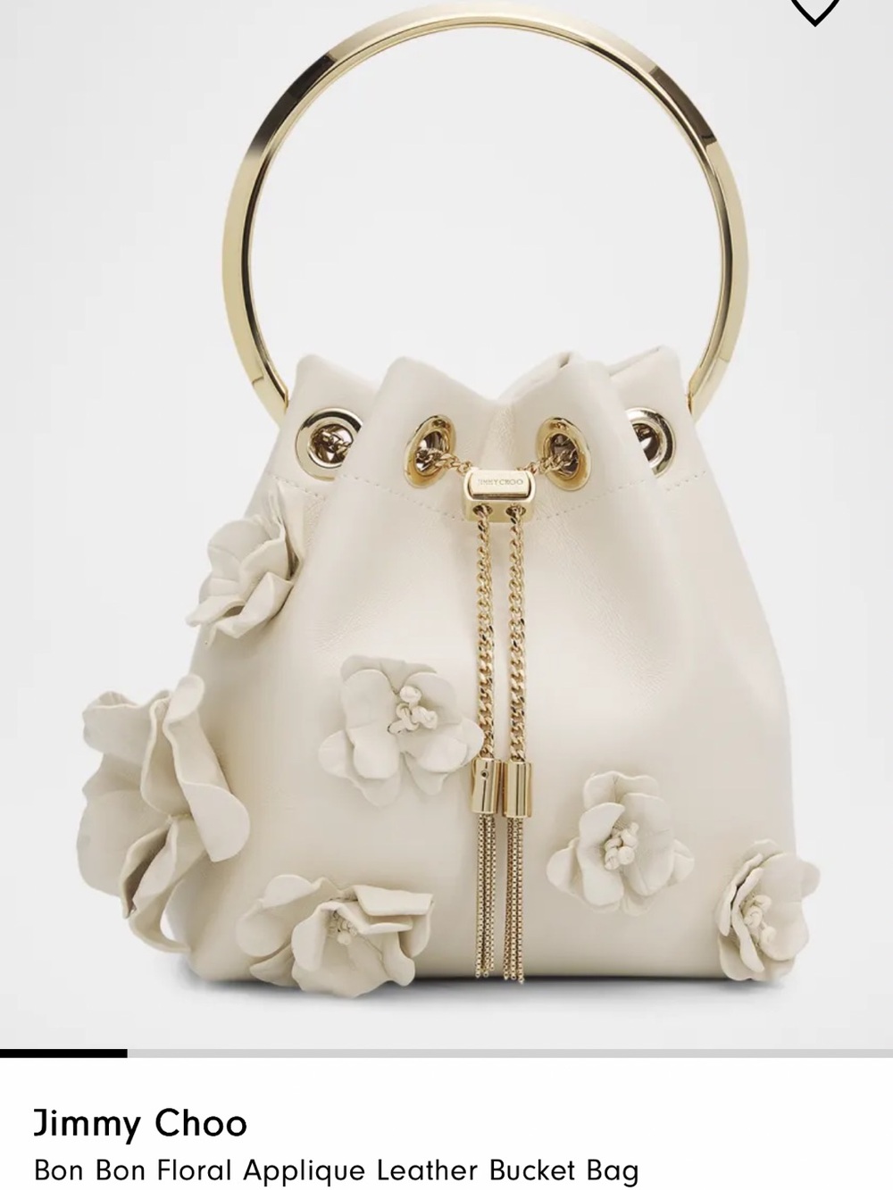 Jimmy Choo Cream Floral Appliqué Leather Bucket Bag with Gold Ring Handle
